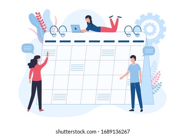 Work schedule, to-do list concept. Managers plan a working week, events, meetings, deadlines for projects. Women with a laptop and pen, a man makes his edits. Flat vector illustration