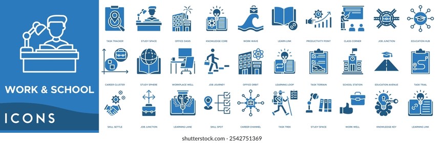 Icono de trabajo y escuela. Seguimiento de tareas, espacio de estudio, oasis de oficina, núcleo de conocimiento y onda de trabajo