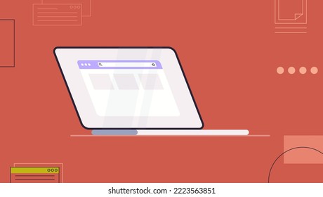 Arbeitsbildschirm auf Laptop und abstrakten Objekten und Formen auf Hintergrund, flache Vektorgrafik.