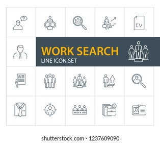 Work search line icon set. Candidate, CV, badge. Job finding concept. Can be used for topics like human resource, head hunting, unemployment