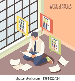 Work Searches Isometric Background With Male Person Considering Job Vacancies Sitting On Floor Vector Illustration