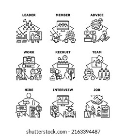 Work Searching Set Icons Vector Illustrations. Work Searching And Interview With Candidate, Member Of Recruit Team Advice Businessman And Hire Employee. Leader Occupation Black Illustration