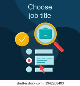 Work Searching Website Flat Concept Vector Icon. Choose Job Title Idea Cartoon Color Illustrations Set. Employment Agency Software. Career Planning. Internship. Resume. Isolated Graphic Design Element