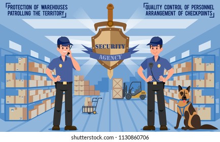 Work of Security Agency. Protection of buildings and public institutions. Strong Men Guarding Security. Safety and Security Company. Services for Security of objects. Vector Illustration.