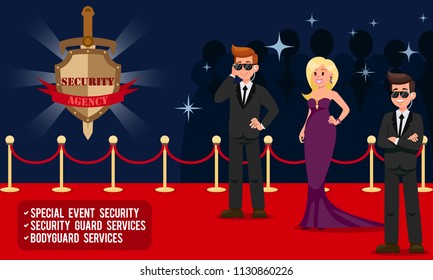Work of Security Agency. Special Event Security, Security Guard Services, Bodyguard Services. Bodyguards for Show Business. Protection of People. Vector Illustration.