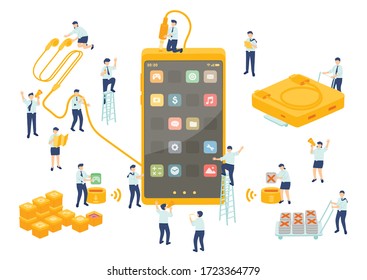Administración de trabajo en equipo de los empleados de la tecnología del servicio de trabajo, el equipo de ensamblaje en miniatura instala el smartphone de la aplicación, la metáfora de la empresa, el afiche o la pancarta social, la ilustración del vector y el fondo aislado