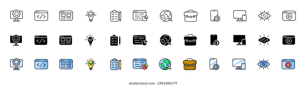 Work set icons. Internet icons. Linear, silhouette and flat styles. Vector icons.