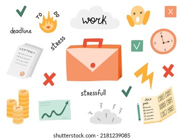 Conjunto de trabajo con recorte vectorial y letras. Concepto sobre plazos, trabajo estresante, gestión del tiempo, tareas de planificación, finanzas, contactos. Ilustración aislada a mano sobre el estrés en el trabajo.