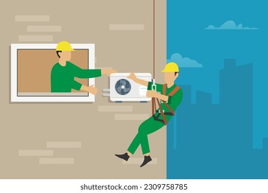 El trabajo establece el aire acondicionado en la pared exterior del apartamento 2d concepto de ilustración vectorial para banner, sitio web, ilustración, página de aterrizaje, volante, etc.