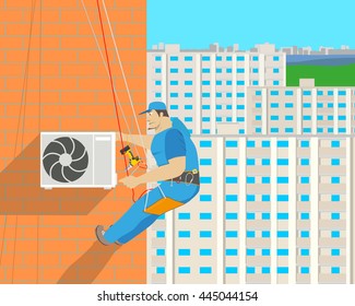 Work sets the air conditioner on the outside wall of the house with the help of climbing equipment. Vector illustration