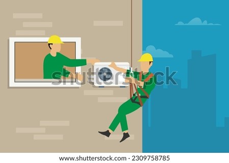 Work sets the air conditioner on the outside wall of the apartment 2d vector illustration concept for banner, website, illustration, landing page, flyer, etc.