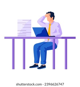 Lot of work, shocked man sitting at table with computer and stack of documents. Information overload or job burnout with stress and chaos. Busy businessman with panic about many duties and tasks