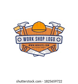 Work shop logo badge emblem with hammer, hand saw, and paint brush maintenance builder tool vector illustration