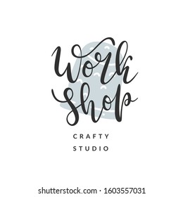 Work shop logotype, handwritten lettering, script calligraphy writing on top of thimble stamp illustration, good as logo, sign for craft studio.