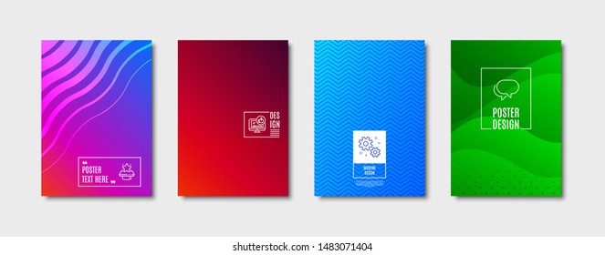 Work sign. Poster design, cover template. Like video, Talk bubble and Winner podium line icons set. Thumbs up, Chat message, First place. Settings. Technology set. Abstract background. Vector