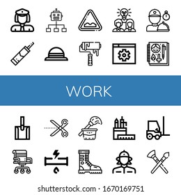 work simple icons set. Contains such icons as Policewoman, Silicone, Flow, Hat, Uneven, Roller, Team, Settings, Delivery man, Sketchbook, can be used for web, mobile and logo