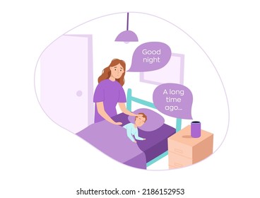 Work Smart Speaker Concept. Mom Asks The Smart Speaker To Turn On A Fairy Tale For Her Child Vector Illustration. Voice Assistant. Internet Of Things. IOT