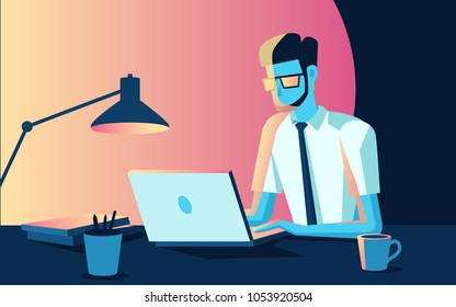 Work smart with technology on desktop business lifestyle in flat graphic design