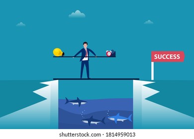 Work smart vector concept: Businessman walking on the bridge while balancing between light bulb with time and briefcase to success