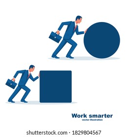 Work smarter concept. Winning strategy. Two businessmen are on their way to victory. Push sphere and cube. Vector illustration flat design. Isolated on white background.
