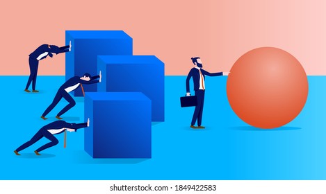Work smarter not harder in business - Man working effortlessly with ball while colleagues struggling with square shapes. Vector illustration.