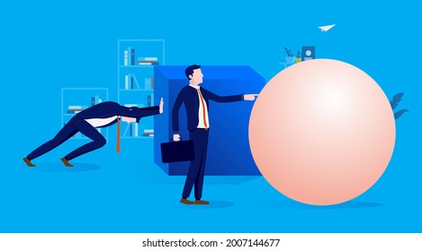 Work smarter not harder - Businessman working effortlessly with ball while colleague struggling with square shape. Vector illustration