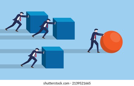 Work smarter not harder concept. businessman pushes sphere. business strategy direction to goals. Different thinking leads to success. vector illustration. effective work leader achievement.