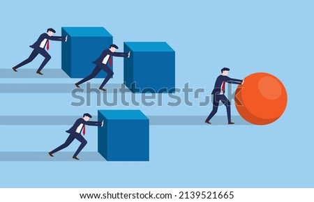 Work smarter not harder concept. businessman pushes sphere. business strategy direction to goals. Different thinking leads to success. vector illustration. effective work leader achievement.