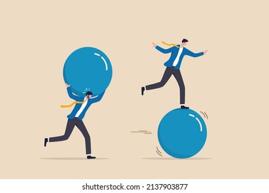 Work smarter not harder, efficient way with minimal effort to win business competition, better or difference strategy to outsmart competitor concept, businessman run fast on sphere effortless to win.