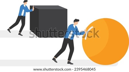 Work smarter not harder,Competition, Enterprising businessman pushes sphere. Behind are pushing a heavy load. Direction to victory. Winning strategy business concept. Effective achievement.

