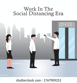 Work In The Social Distancing era, people wearing face mask wait in line keep distance away, checking body temperature before entering office