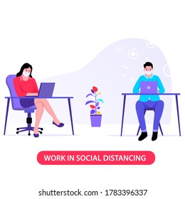 Work in Social Distancing Illustration. Business man and woman wearing medical mask to avoid corona virus.