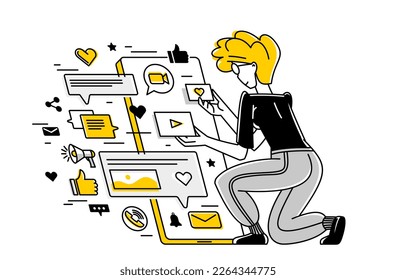 Work in social media, influencer messaging and comment some posts vector outline illustration, support service, work with customers and audience.