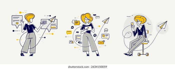 Work in social media, influencer messaging and comment some posts vector outline illustration set, support service, work with customers and audience.