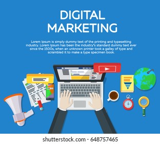 Work in social networks. Search engine optimization. Web analytics elements and marketing. Expert in SEO. Manager top view workplaces flat vector illustration. Hands of a man on a laptop keyboard