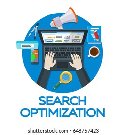 Work in social networks. Web analytics elements and marketing. Search engine optimization. Expert in SEO. Banner for advertising of the round form. Vector illustration