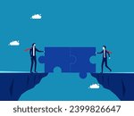 Work solutions. Two businessmen connect a jigsaw puzzle together to create a bridge. vector 