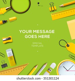 Work space background with copy space for your text, top view. Business and office supplies on green background, vector illustration.