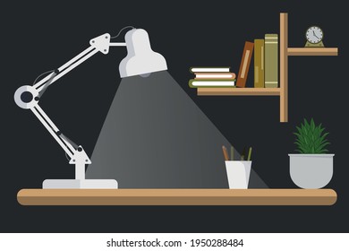 A work space with a bookshelf, a lamp, and a clock. Illustration of work from home. Home workplace design. Working at night, extra work, working from home.