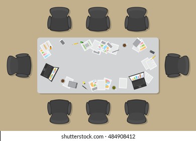 Work space for business meetings and brainstorming. (Top view)
Vector office table. (View from above)