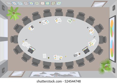 Work space for business meetings and brainstorming. Office table. (View from above)
Vector illustration. Top view of a conference room. 
