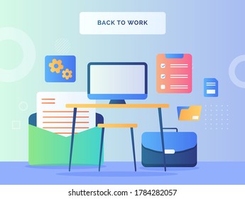 Work space computer on desk back ground of suitcase mail file folder clipboard gear back to work concept with flat style.