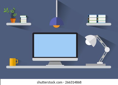 Work space computer and tools flat design.