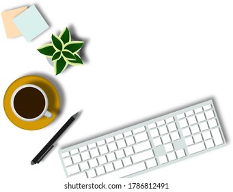 espacio de trabajo con taza de café y planta de filtrado de aire