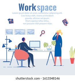 Work Space, Department with Young Creative Workers. Company Equipped Comfortable Office for more Efficient Work. Room has Pretty Plants and Modern Floor Lamp with Several Lamps. Man Sits at Desk.