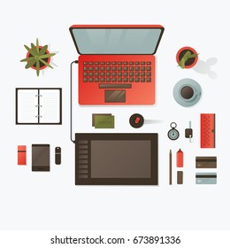 Work space desk . Top view . Vector .