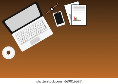 work space have laptop,mobile,coffee and report