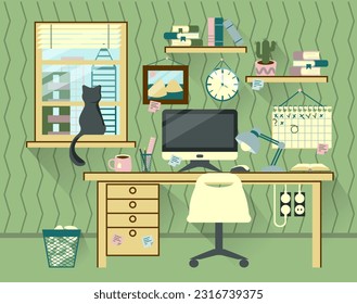 Espacio de trabajo del director en el interior del hogar o de la oficina con muchos equipos de papelería en el vector de fondo verde