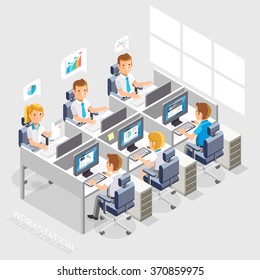 Work Space Isometric Flat Style. Business People Working On An Office Desk. Vector Illustration.