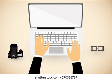 Work space laptop with camera and glass vector.  